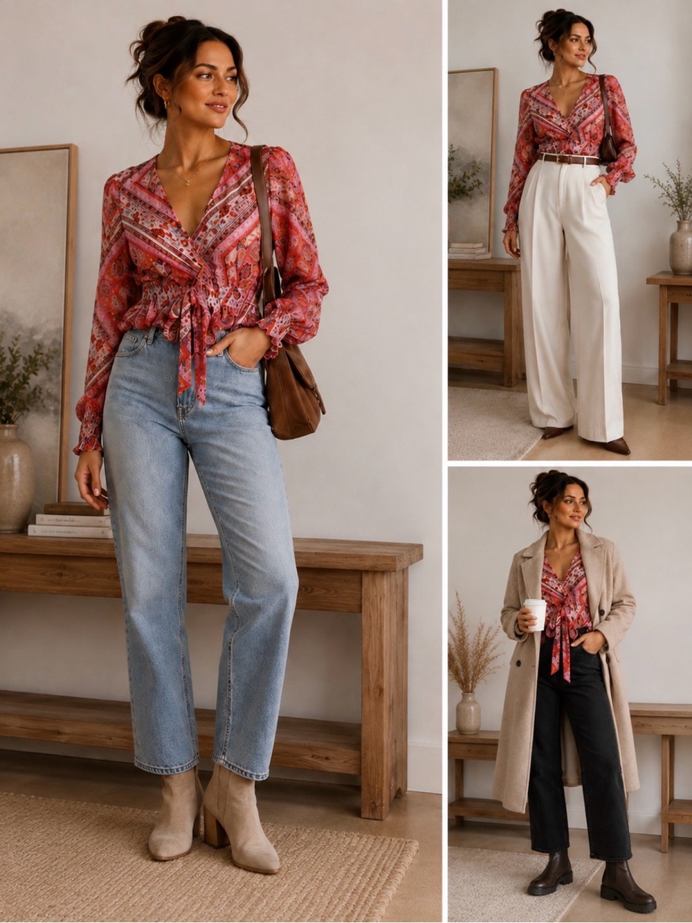GUESS Paisley Wrap Blouse — Size S — Pink & Red